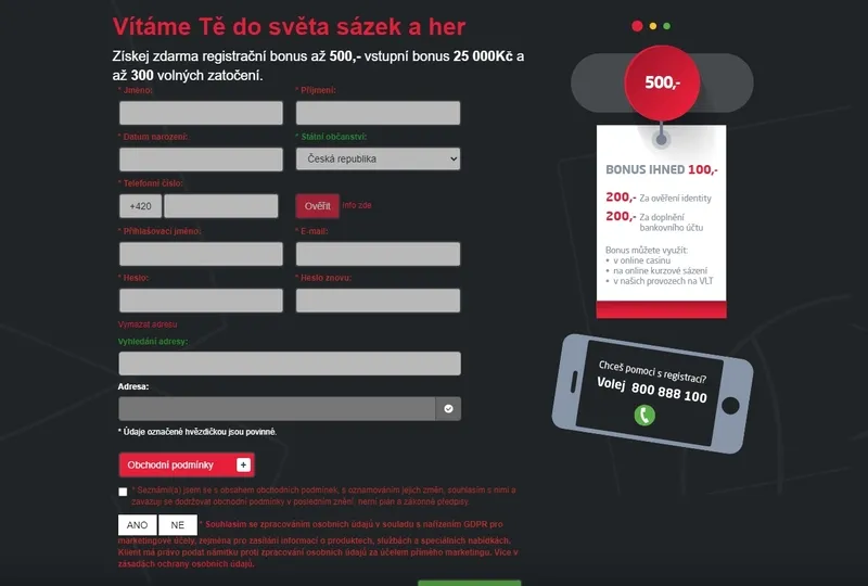 SYNOT tip Registrační stránka kasina