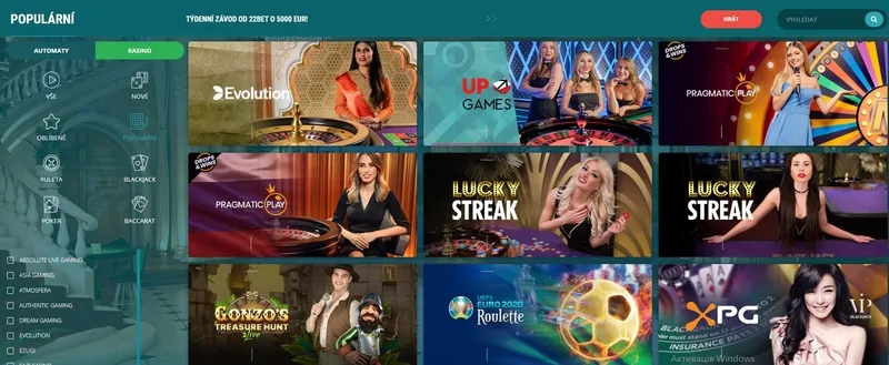 Oblíbené hry a sloty v 22bet Casino