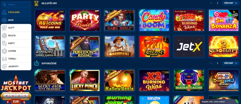 Hazardní hry v lobby kasina Mostbet