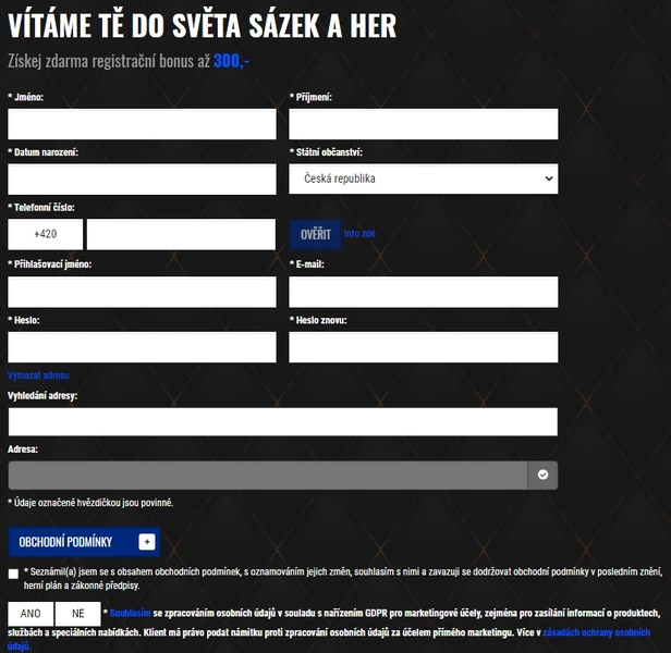 Registrace na webových stránkách kasina a ověření účtu Gapa herna