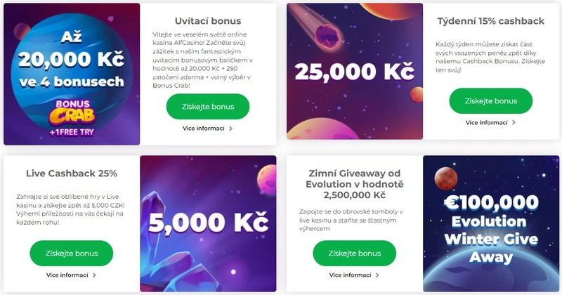Bonusy Alf Casino - 550% do 6 000 Kč a až 100 FS