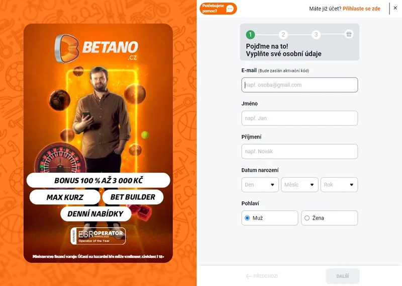 Registrace na webových stránkách kasina a přihlášení.