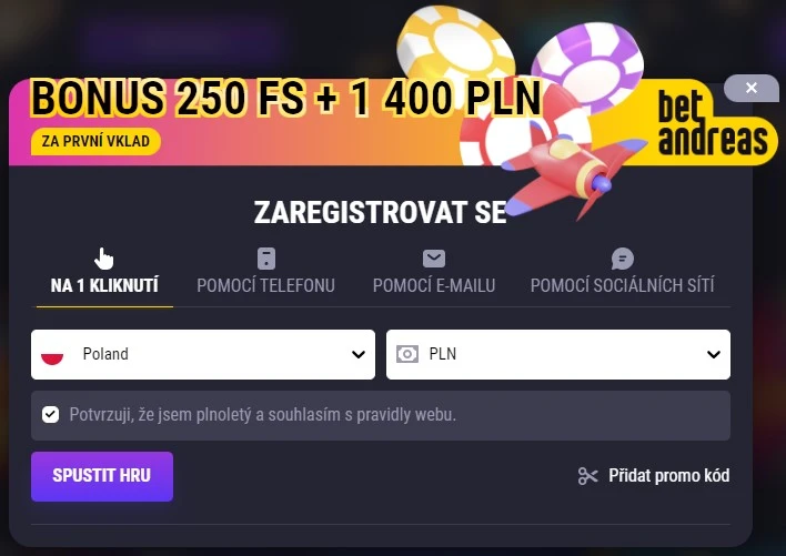 Registrace a přihlášení BetAndreas Casino