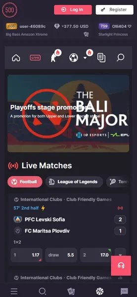 500 Casino - Mobilní verze