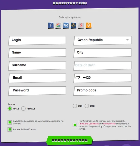Explosino - přihlášení
