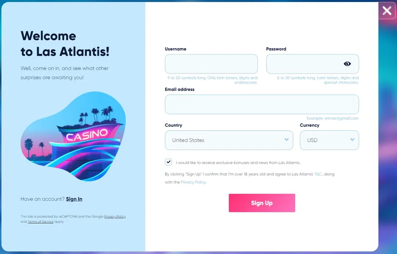 Las Atlantis Online Casino - registracion
