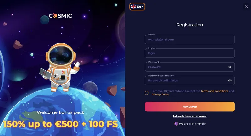 CosmicSlot Casino - registrace
